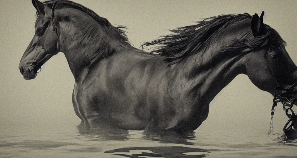 Prompt: a horse running under water, profile