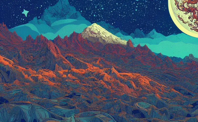 Prompt: mountains, stars and paisley filled sky, artstation, intricate, highly detailed, digital painting, concept art, sharp focus, illustration by Jean Claude Mézières and Kilian Eng