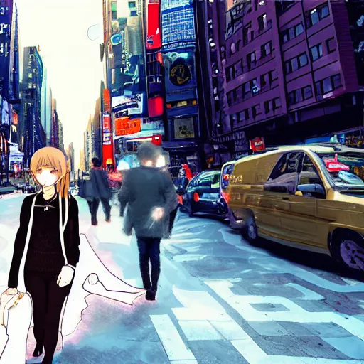 Image similar to digital anime art, unnecessary censorship of a girl walking on the streets of new york