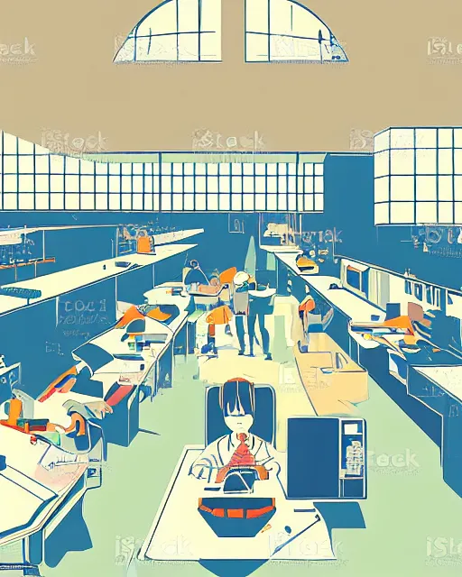 Image similar to science lab. clean cel shaded vector art. minimalist illustration art by tatsuro kiuchi and kilian eng