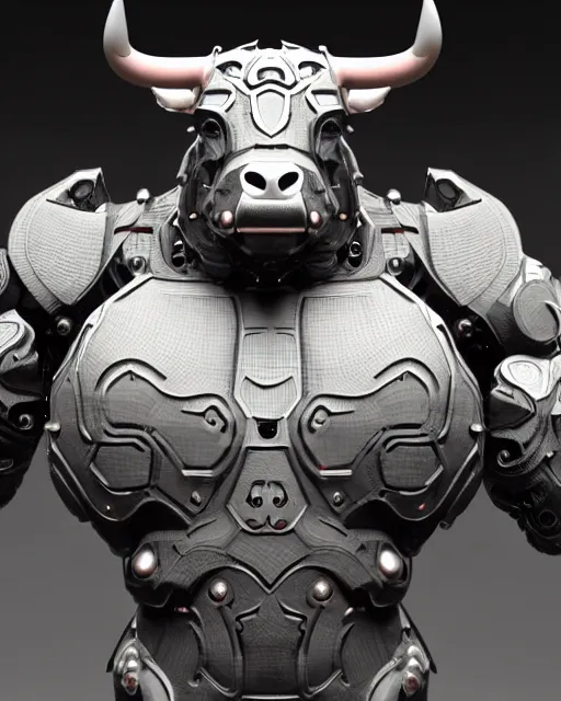 Prompt: a full body shot of a imposing cyborg ( bull ) modeled after a bull with open eyes looking into the camera, intricate pattern, hard rubber chest, highly detailed, android, cyborg, full body shot, intricate, 3 d, symmetrical, octane render, fantasy, highly detailed, digital art, artstation, strong bokeh