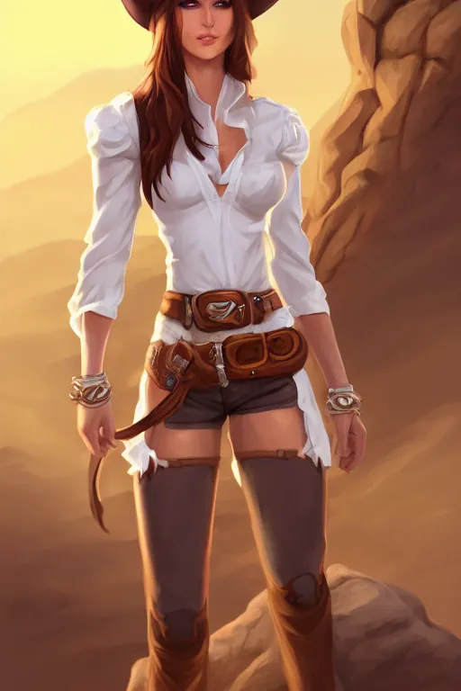 Image similar to full body, female cowgirl, perfect face, white blouse, 8 k, magic the gathering, desert, d & d, artstation, high detail, smooth, muscular