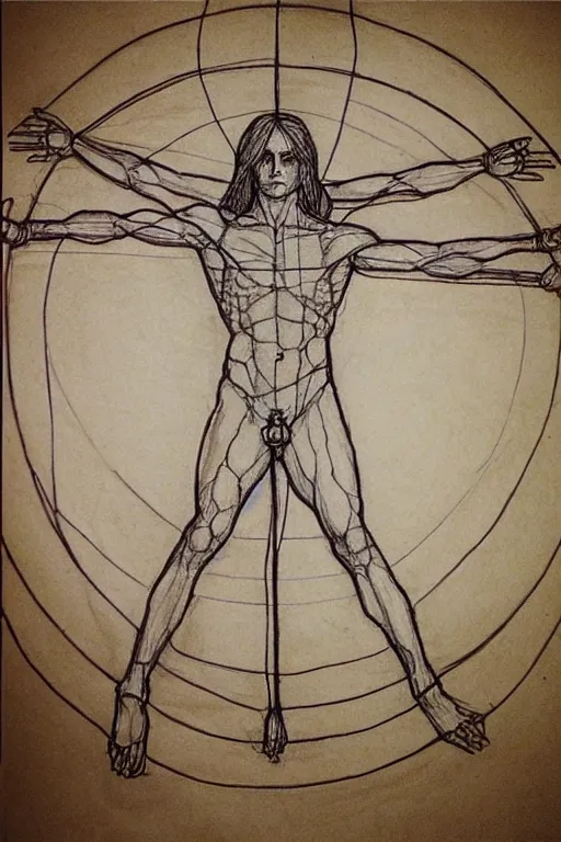 Prompt: jared leto vitruvian man, drawn by leonardo da vinci, sketch, notes