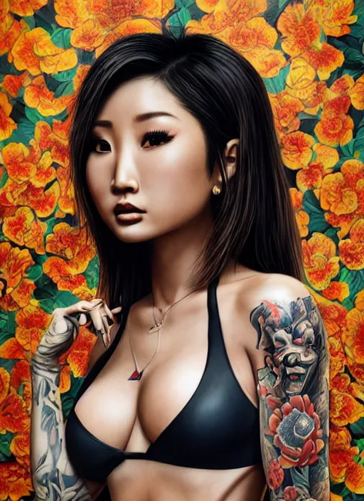 Prompt: portrait of Brenda Song as a young and sexy yakuza tattooed, defiant look attitude, cinematic lighting shadowing the push-up, ultra-detailed, sharp focus, highly detailed, sharp focus, golden background with flowers, photorealism, style of Hajime Sorayama, art by Hirothropologie , artgerm and Patrick DeMarchelier