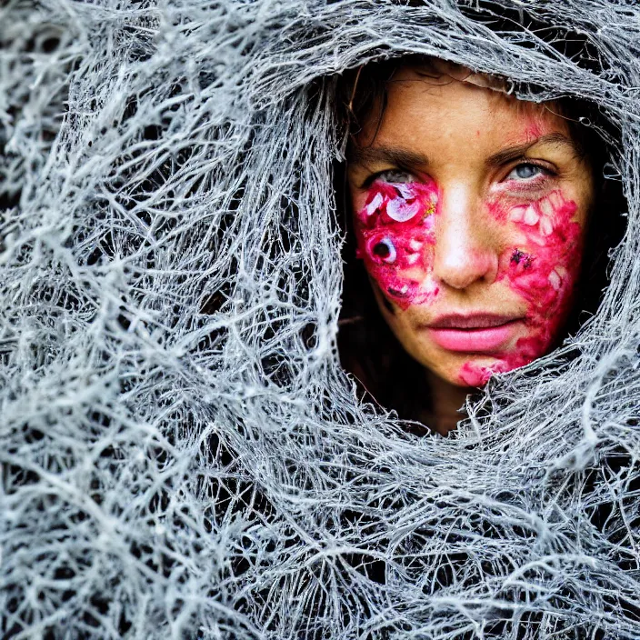 Prompt: a closeup portrait of a woman wearing a hooded cloak made of zinnias and barbed wire, in a derelict house, by Erik Almas, natural light, detailed face, CANON Eos C300, ƒ1.8, 35mm, 8K, medium-format print