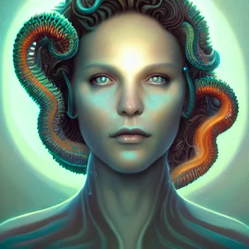 Image similar to by tom bagshaw, a centered wide shot soft paint render of a curiositywater waves lovecraft world, single female underwater with full bodysuit armor, tentacles, bioluminescence, symmetry accurate features, ominous depths, elegance, refractions, reflections, focus, rainbow lighting, very high detail, gods ray, octane, artstation