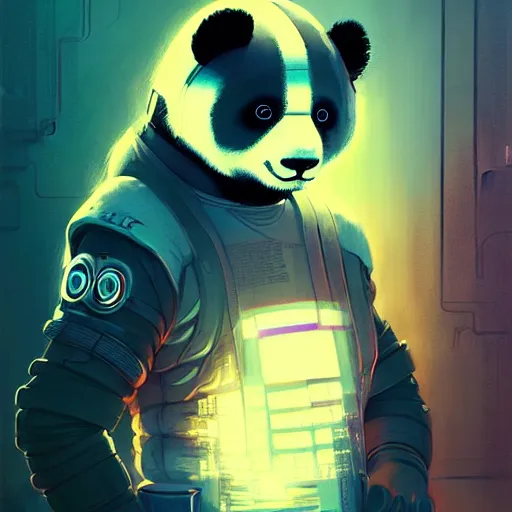 Image similar to cyberpunk synth, hyper - realistic portrait of a futuristic panda soldier, cyberpunk, intricate, lifelike, by atey ghailan, by greg rutkowski, by greg tocchini, by james gilleard, by joe fenton, by kaethe butcher, dynamic lighting, gradient light blue, brown, cinematic lighting color scheme, sharp focus, grunge aesthetic