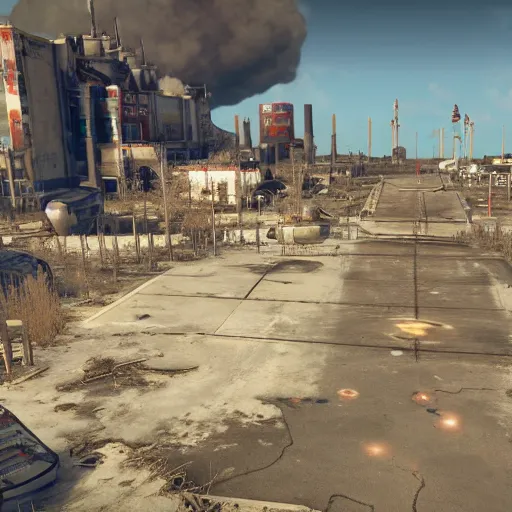 Image similar to kennedy space center in ruins post - nuclear war in fallout 4, in game screenshot