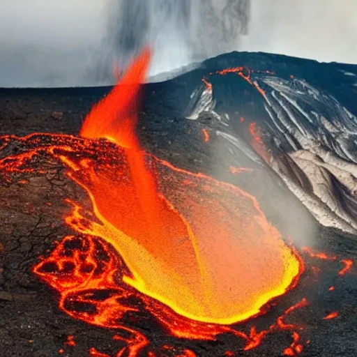 Prompt: A realistic photo of a valley of active volcanoes with fire and lava everywhere