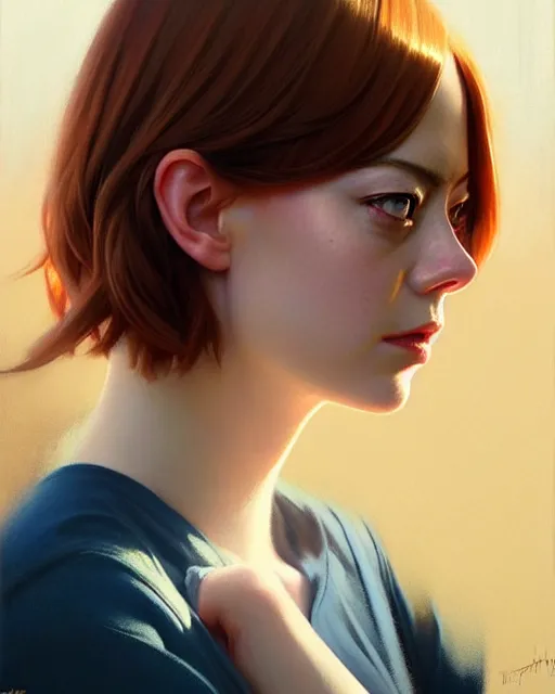 Image similar to an artistic pose, composition, emma stone, realistic shaded, fine details, realistic shaded lighting poster by ilya kuvshinov, magali villeneuve, artgerm, jeremy lipkin and michael garmash and rob rey