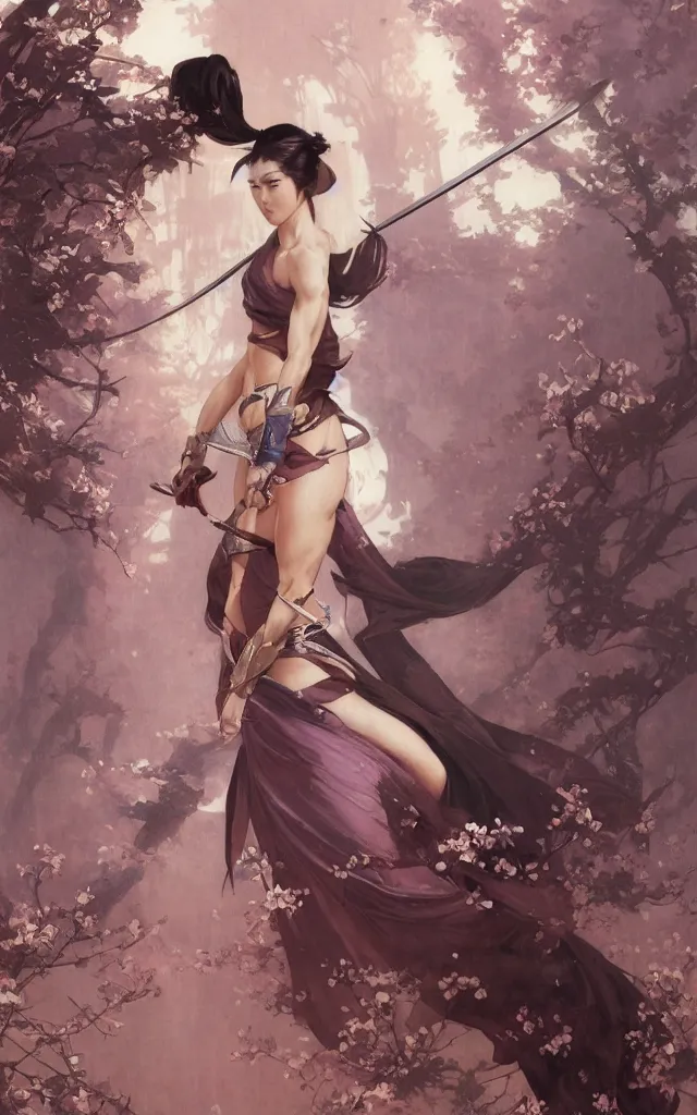 Image similar to modern elegant female ninja samurai, with large sword, feminine, powerful, beautiful, upper body, muscular arms and abdominals, full body, wide leg hakama trousers, highly detailed, digital painting, sakura tree petals, concept art, smooth, sharp focus, illustration, by gaston bussiere, mucha, gerome, craig mullins, greg rutkowski,