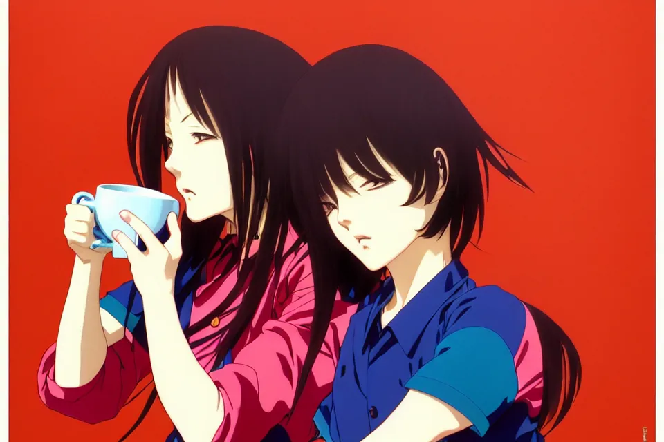 Image similar to colorful, anime portrait of a heroine drinking coffee, katsuhiro otomo, murata range, Ilya kuvshinov,fine texture, fine details, matte print, film noir, dramatic lighting, manga, anime, extreme perspectivedynamic composition, cinematic, film grain, moody, vivid, volumetric, alphonse mucha, art deco, smooth light shading, stippled lighting