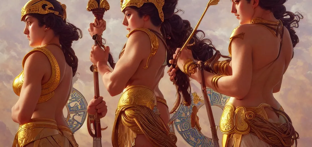 Image similar to symmetry!! intense fanart of 3 / 4 front pose of athena the goddess of war next to aphrodite the goddess of love, intricate, elegant, highly detailed, my rendition, digital painting, artstation, concept art, smooth, sharp focus, illustration, art by artgerm and greg rutkowski and alphonse mucha