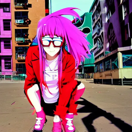 Prompt: anime girl with eccentric clothes, long spiky pink hair, cel - shading, 2 0 0 1 anime, flcl, jet set radio future, night time, entertainment district, colorful buildings, lines of lights, christmas lights, rollerskaters, cel - shaded, jsrf, strong shadows, vivid hues, y 2 k aesthetic