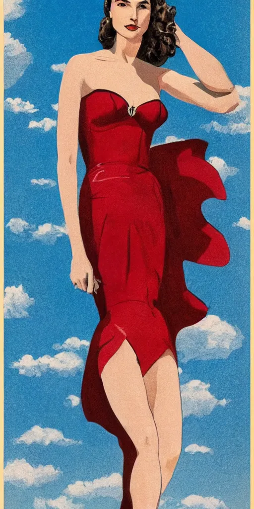 Image similar to full body portrait of gal gadot in the style of bill medcalf, blue sky with a few clouds, retro, 1 9 5 0, 4 k, detailed, headroom, rule of thirds