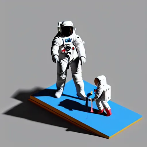 Image similar to an astronaut standing on the ground and a small trippy aggressive centaur standing on that poor little human standing on all fours astronaut, trying to ride it, the centaur is on his shoulders, minimalist style, 3 d render, isometry