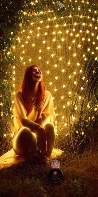 Prompt: a totally amazed smiling pretty woman surrounded by golden firefly lights in a mesmerizing scene, sitting amidst nature fully covered! intricate detailed bohemian outfit, long loose red hair, precise linework, accurate green eyes, small nose with freckles, beautiful smooth oval head, expressive emotions, hyper realistic ultrafine portrait by artemisia gentileschi, jessica rossier, greg rutkowski