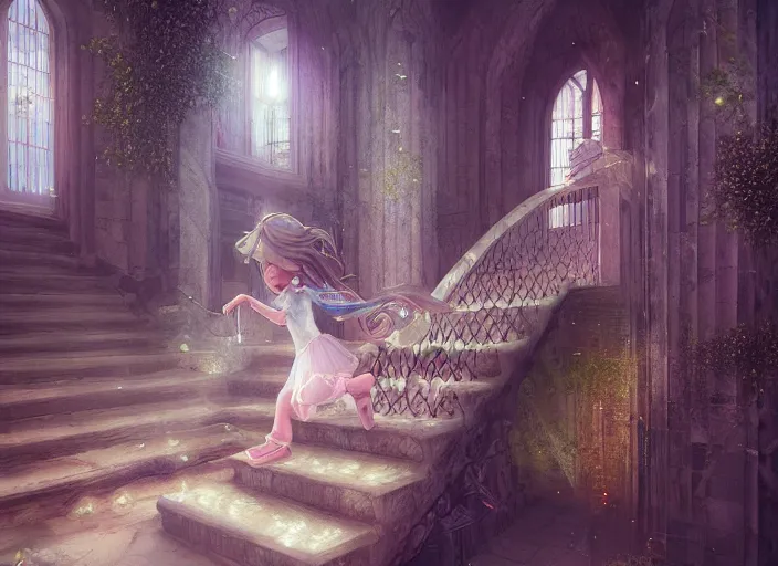 Image similar to a princess runing down a stair, magical, crystal, detailed, night, 3 d, octance render, by wlop, dark academia