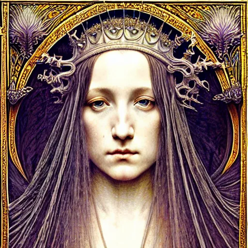 Image similar to detailed realistic beautiful young medieval queen face portrait by jean delville, gustave dore, iris van herpen and marco mazzoni, art forms of nature by ernst haeckel, art nouveau, symbolist, visionary, gothic, pre - raphaelite, horizontal symmetry