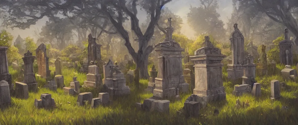 Image similar to dnd environment illustration, oil on canvas : : cemetary with crystal statues