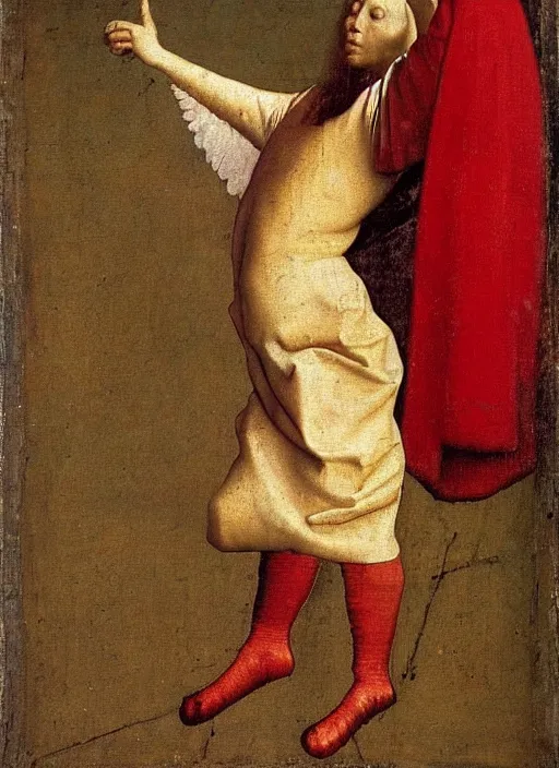 Image similar to Flying Fallen Angel dressed in red, Medieval painting by Jan van Eyck, Johannes Vermeer, Florence