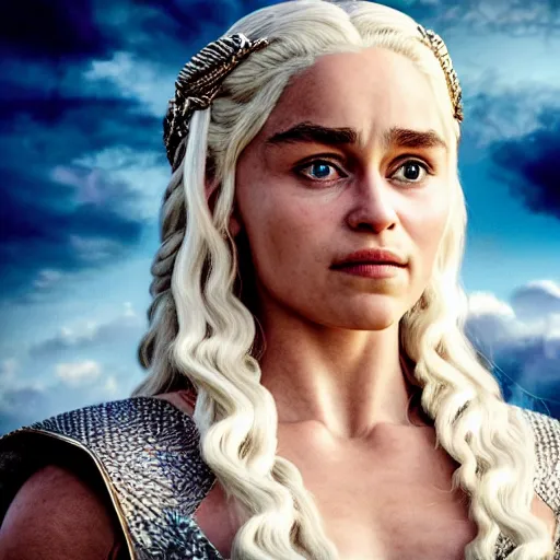 Image similar to khaleesi as a goddess in heaven, piercing eyes, highly detailed, 8k, hd, cinematic