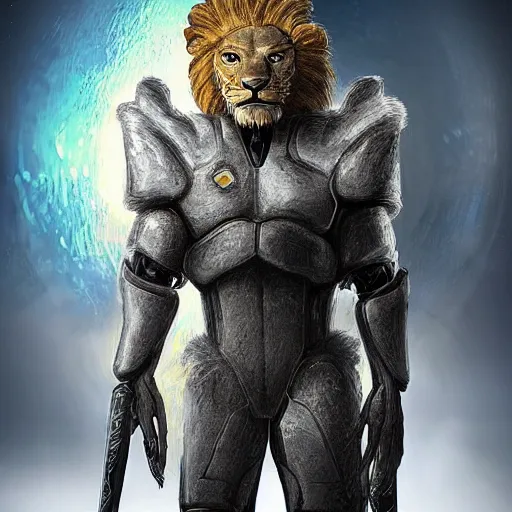 Image similar to humanoid with lion features in futuristic space armor with force fields, yellow eyes, teeth that protrude past the lower lip and fine grayish fur on their faces and backs of their hands and carrying weapons, octane,