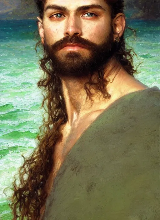 Prompt: detailed cinematic wide shot of muscular attractive young aztec man beard slim face symmetrical face tanskin green eyes white hair wearing sea clothes, detailed intricate priceless gems, ultra realistic, spring light, painting by gaston bussiere, craig mullins, j. c. leyendecker