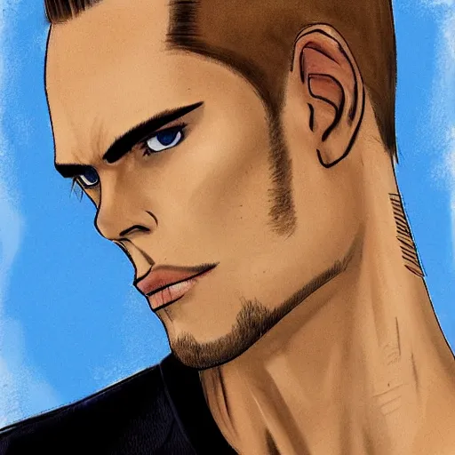 Prompt: a tall, lean man with light tan skin, blue eyes, and shoulder - length, slicked - back blonde hair combed down to the nape of his neck, long face with sunken cheeks and a well defined jawline, three vertical scars over his left eye, dressed casually, art by artgerma