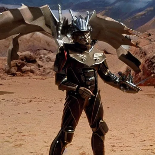 Image similar to Saul Goodman in Starship Troopers armor fighting bugs on Klendathu