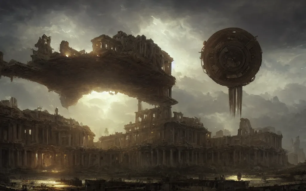 Image similar to longshot photograph of advanced civilization city ruins floating in a disc in the sky by hubert robert, lee madwick and bastien lecouffe - deharme, 8 k artstation, cinematic dramatic lighting