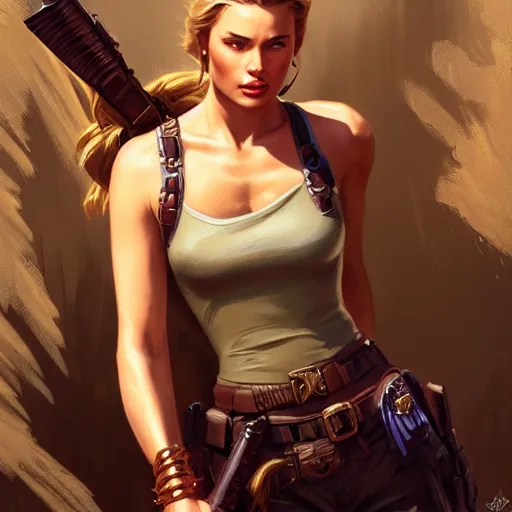 Image similar to Grace Kelly as Lara Croft, western, D&D, fantasy, intricate, elegant, highly detailed, digital painting, artstation, concept art, matte, sharp focus, illustration, art by Artgerm and Greg Rutkowski and Alphonse Mucha