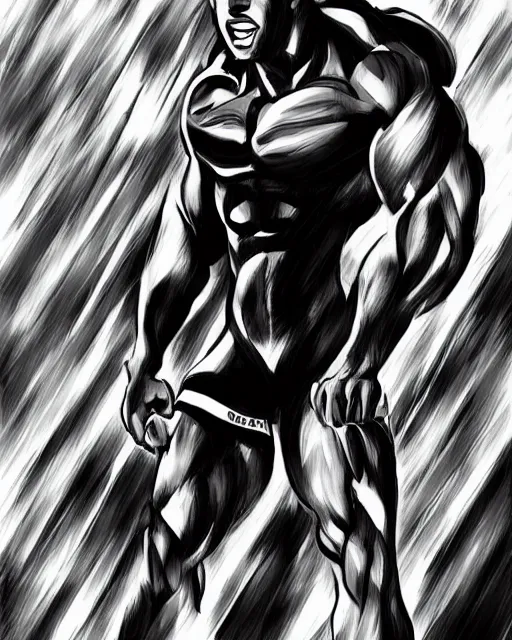 Image similar to Dwayne Johnson in a black and white anime