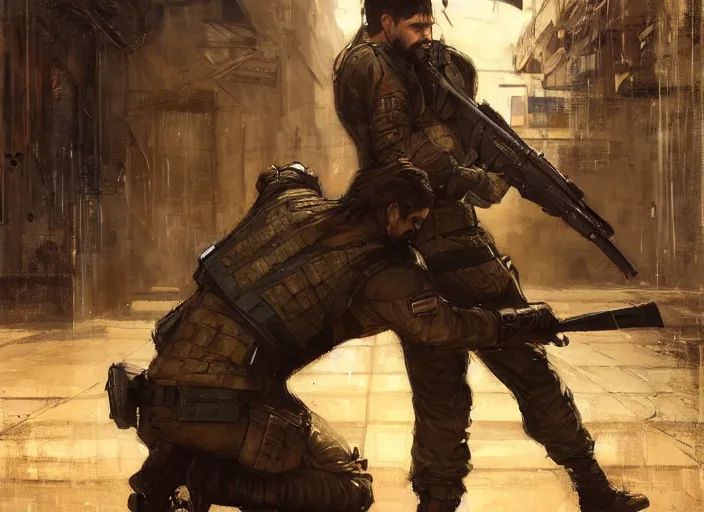 Prompt: solid snake subduing soldier ( blade runner 2 0 4 9, dystopian, cyberpunk 2 0 7 7 character design ). orientalist portrait by john william waterhouse and james gurney and theodore ralli and nasreddine dinet, oil on canvas. cinematic, hyper realism, realistic proportions, dramatic lighting, high detail 4 k