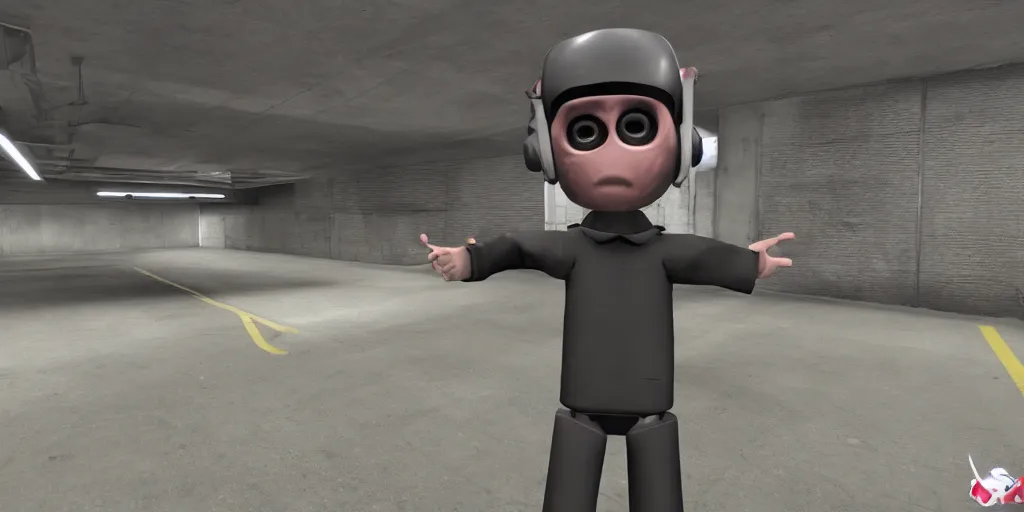 Image similar to gmod next bot obunga handcam footage in a parking garage, gmod, nextbot, garrys mod, scary, dark