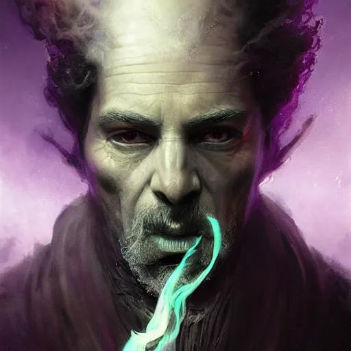Image similar to a beautiful ultradetailed portrait of a wizard with a body made of smoke! beautiful large purple staff in his hand, with a single large grey smoke cloud by his side, by greg rutkowski, karol bak and peter mohrbacher, volumetric lighting, magical realism, dark, wizard, smoke
