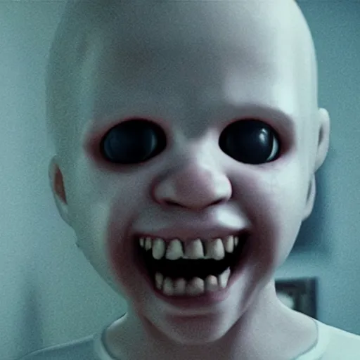 Image similar to humanoid ghost with an unnatural smile in re 7, it has huge eyes and is staring at the camera from the end of a dark hallway. caught on vhs, film grain,