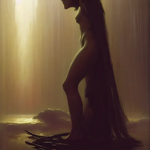 Image similar to awe-inspiring award-winning concept art painting of attractive figure in black shrouds called the ghost of the moonbow queen, rainbow, by Michael Whelan, William Adolphe Bouguereau, John Williams Waterhouse, and Donato Giancola, cyberpunk, extremely moody lighting, glowing light and shadow, atmospheric, shadowy, cinematic, 8K,