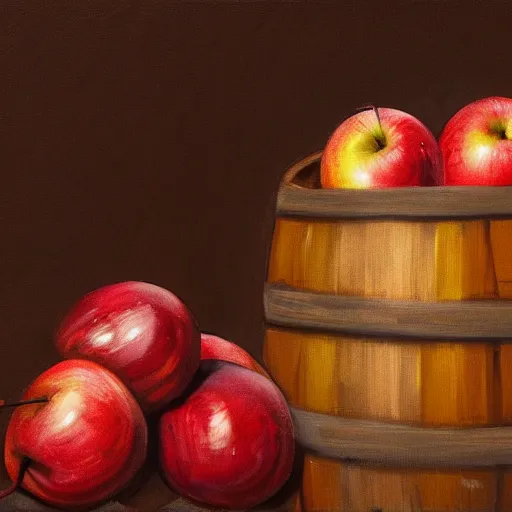 Image similar to oil painting of a barrel of apples in a tavern im medieval setting, low light, dwarves, HD, 4K, digital art