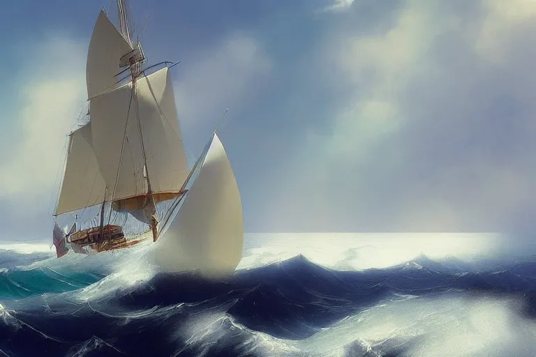 Image similar to a beautiful yacht with full sail’s, sunny day with puffy clouds and heavy waves, low camera angle, in style of Aivazovsky, epic lighting, ultra realistic, 4k, hyper details, cinematic, sharp edges,