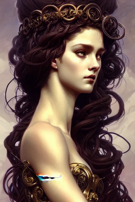 Image similar to greek medusa closeup filled background around face, fantasy magic, undercut hairstyle, dark light night, intricate, elegant, sharp focus, illustration, highly detailed, digital painting, concept art, matte, art by wlop and artgerm and greg rutkowski and alphonse mucha, masterpiece