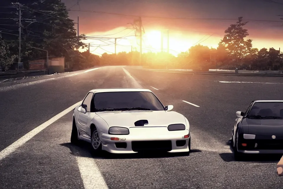 Image similar to aesthetic detailed illustration of ryosuke takahashi with black hair, standing by his white glossy mazda rx 7 on an empty highway at sunrise, cinematic lighting, initial d anime 1 0 8 0 p, detailed anime face, high detail, 9 0 s anime aesthetic, volumetric lights, rule of thirds, unreal engine 5 render, pinterest wallpaper, trending on artstation