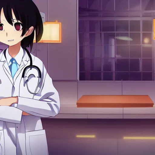 Image similar to a cute young lady, a doctor wearing white coat in hospital ward, slice of life anime, anime scenery by Makoto shinkai