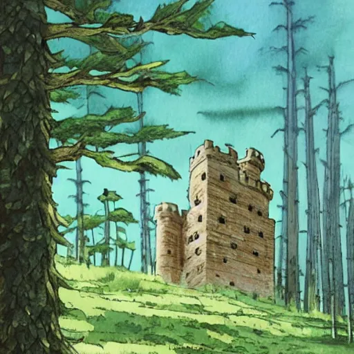 Image similar to laputa castle in the sky robot hayao miyazaki stands in a small clearing among trees, watercolor illustration for a book