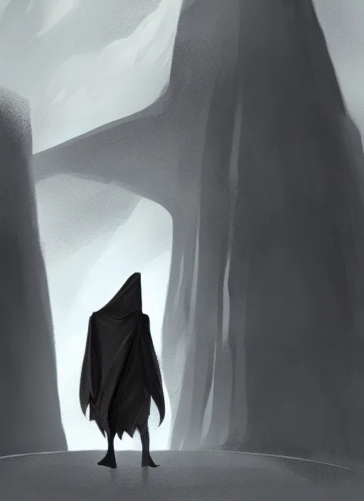 Image similar to a cartoon scene with a person wearing a black robe standing in front of a monolith, concept art by victor mosquera, tumblr contest winner, symbolism, concept art, official art