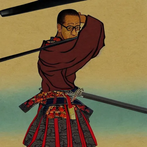 Prompt: gus fring from breaking bad wearing samurai armor and holding a katana in feudal japan, 4 k, hyper realistic, ink block painting, edo period