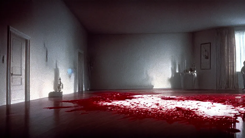 Prompt: a giant hand made of blood and ice floats through the living room, film still from the movie directed by Denis Villeneuve with art direction by Salvador Dalí, wide lens