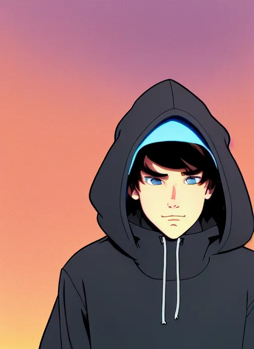 Image similar to teen boy with brown hair and big blue eyes, wearing a black hoodie with cat ears on top of it, natural lighting, path traced, highly detailed, high quality, cartoon, digital painting, by don bluth and ross tran and studio ghibli and alphonse mucha