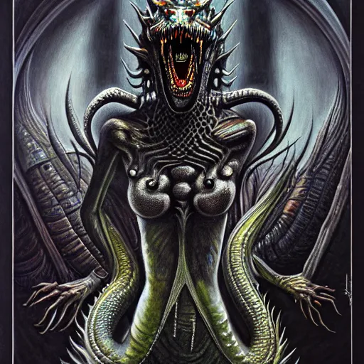 Image similar to Giger portrait of queen dragon, Dragon in dragon lair, HD, full body dragon concept, flying dragon, soft shading, hyperdetailed, wide angle lens, fantasy, futuristic horror, style of giger