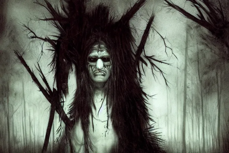 Image similar to mad native american skinwalker in grim forest artwork by ben templesmith